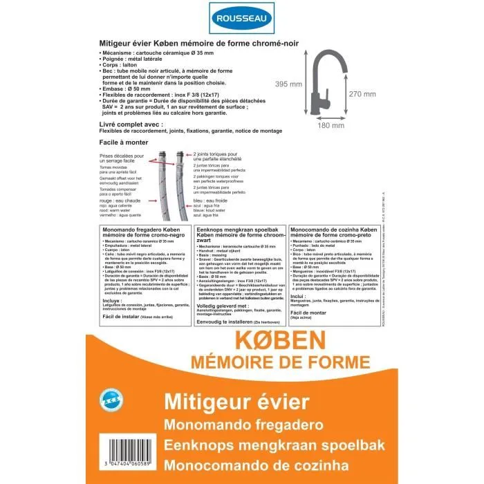 Edouard Rousseau Mitigeur d'Évier KOBEN à Mémoire de Forme - Corps Laiton, Bec Mobile Noir Articulé, Cartouche Céramique 35 mm, 2 Coloris Noir/Chromé