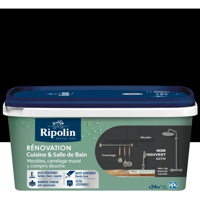 Ripolin Peinture rénovation cuisine et salle de bain - Noir houvert - Satiné - 2L