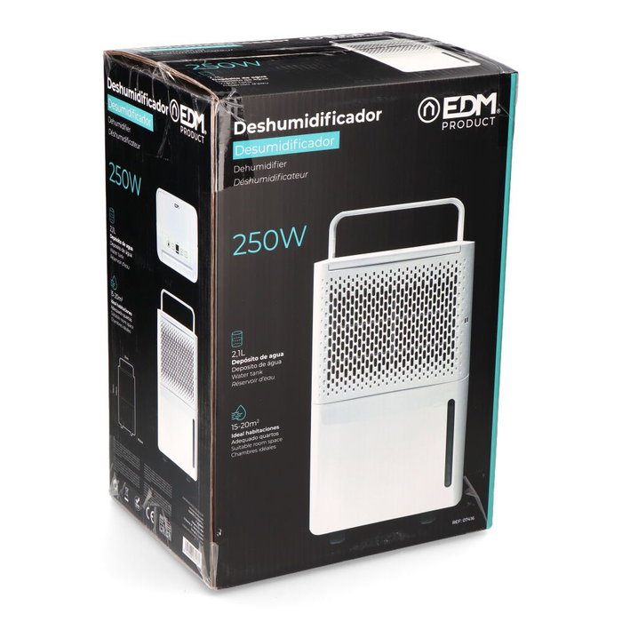Edm Déshumidificateur Blanc 250W 12l/jour 2,1l Edm Déshumidificateur Blanc 250W 12l/jour 2,1l