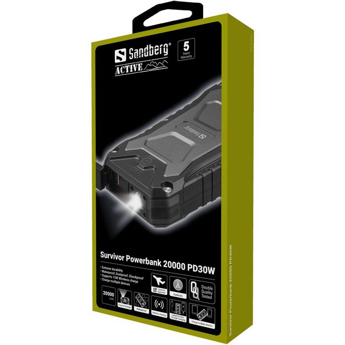 Sandberg Survivor - Powerbank portable robuste 20000 mAh avec charge sans fil 15W, PD 30W USB-C, QC 3.0, résistance IP66 (eau, chocs, poussière) Sandberg Survivor - Powerbank portable robuste 20000 mAh avec charge sans fil 15W, PD 30W USB-C, QC 3.0, résistance IP66 (eau, chocs, poussière)