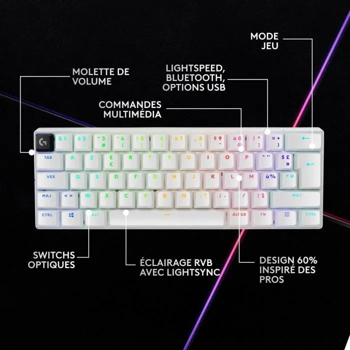 Logitech G G Pro X 60 Lightspeed - Clavier mécanique gaming sans fil 60% compact blanc, Bluetooth, USB, RGB LIGHTSYNC