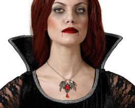 Atosa Collier de chauve-souris argenté avec pierre rouge et détails gothiques