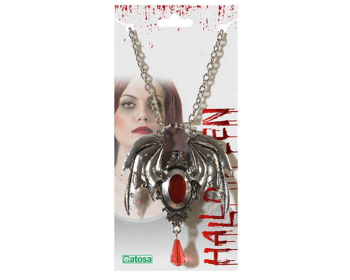 Atosa Collier de chauve-souris argenté avec pierre rouge et détails gothiques
