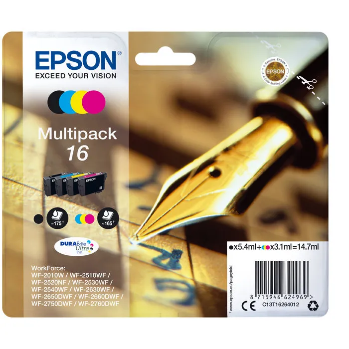 Epson - Multipack T1626 - Stylo plume noir, cyan, magenta, jaune pour imprimante - Serie 17 - Réf. C13T16264012