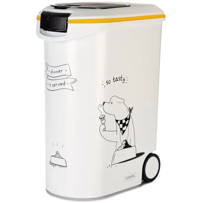 Curver Conteneur à croquettes pour chien avec roulettes, 54 L / 20 kg, jauge de niveau, joint hermétique, godet et poignée inclus, blanc