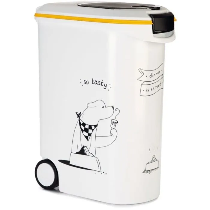 Curver Conteneur à croquettes pour chien avec roulettes, 54 L / 20 kg, jauge de niveau, joint hermétique, godet et poignée inclus, blanc