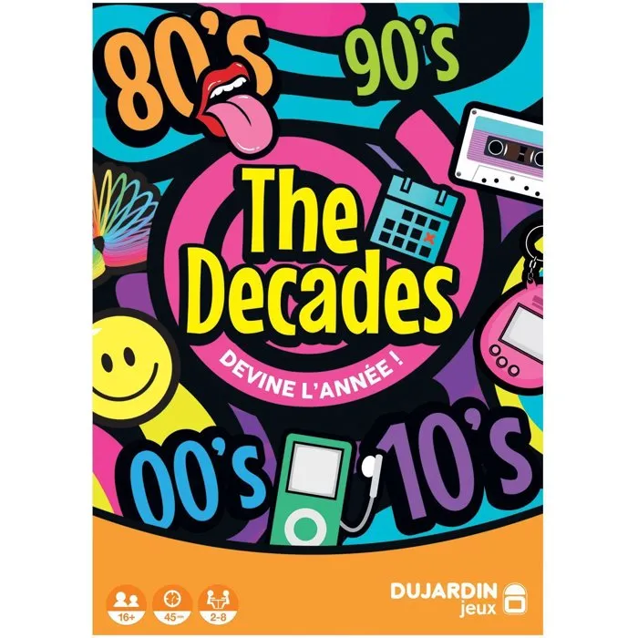 Dujardin Jeu de Cartes The Decades - Jeu d'Ambiance sur les Années 1970 à 2010 avec Films, Musique et Événements Sportifs pour 2 Équipes