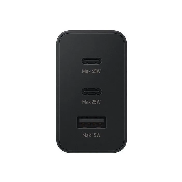 Samsung Adaptateur secteur 65W Noir - Chargeur triple port USB Type-C/A - Charge rapide pour ordinateur portable, smartphone et accessoires