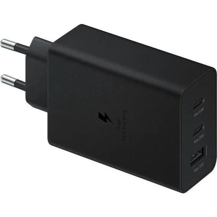 Samsung Adaptateur secteur 65W Noir - Chargeur triple port USB Type-C/A - Charge rapide pour ordinateur portable, smartphone et accessoires