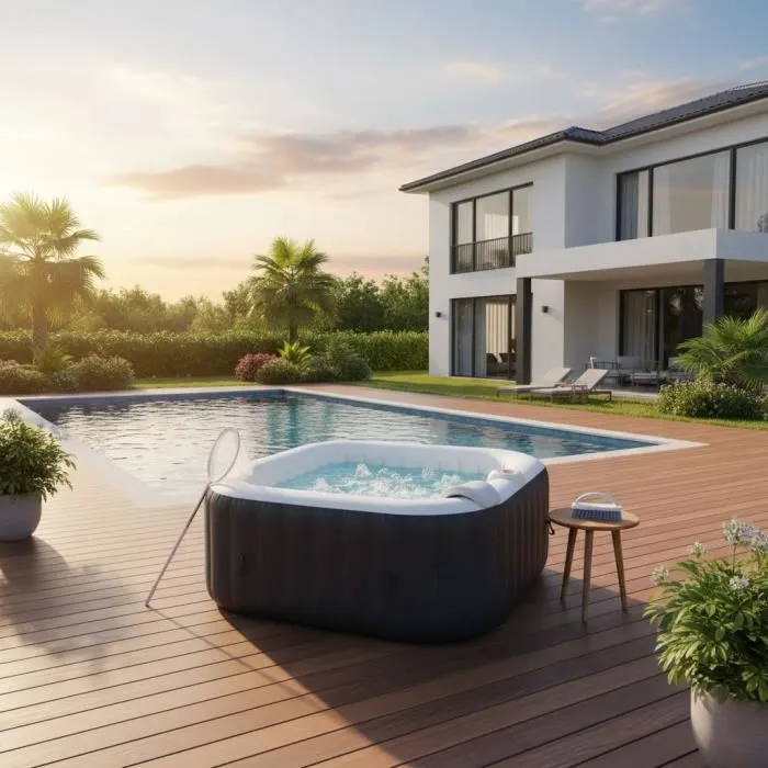 Sunspa AC01KITCD - Spa gonflable carré 4 places avec 130 micro-jets, température 40°C - Kit complet inclut appuis-têtes, filtre, épuisette, brosse, tapis et couverture