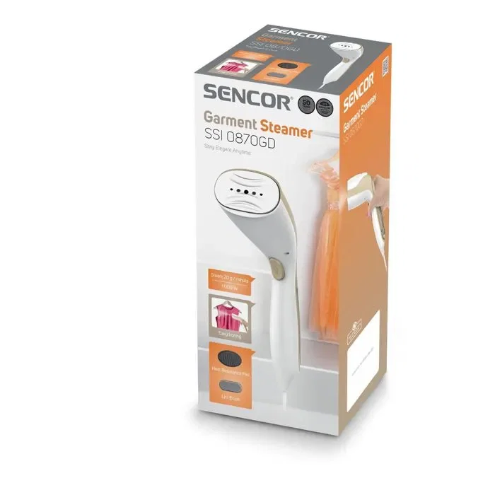 Sencor SSI 0870GD Défroisseur à Vapeur 1000 W - Débit 20 g/min - Réservoir 75 ml Amovible - Chauffe 30s - Fonction Anti-Goutte - Léger et Compact Sencor SSI 0870GD Défroisseur à Vapeur 1000 W - Débit 20 g/min - Réservoir 75 ml Amovible - Chauffe 30s - Fonction Anti-Goutte - Léger et Compact