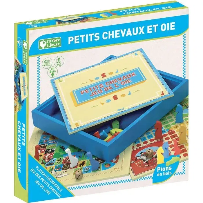 L'Arbre A Jouer - Jeu de société bois - Jeu des petits chevaux et jeu de l'oie réversible - 66310 - A partir de 3 ans - Coffret plateau 30 cm
