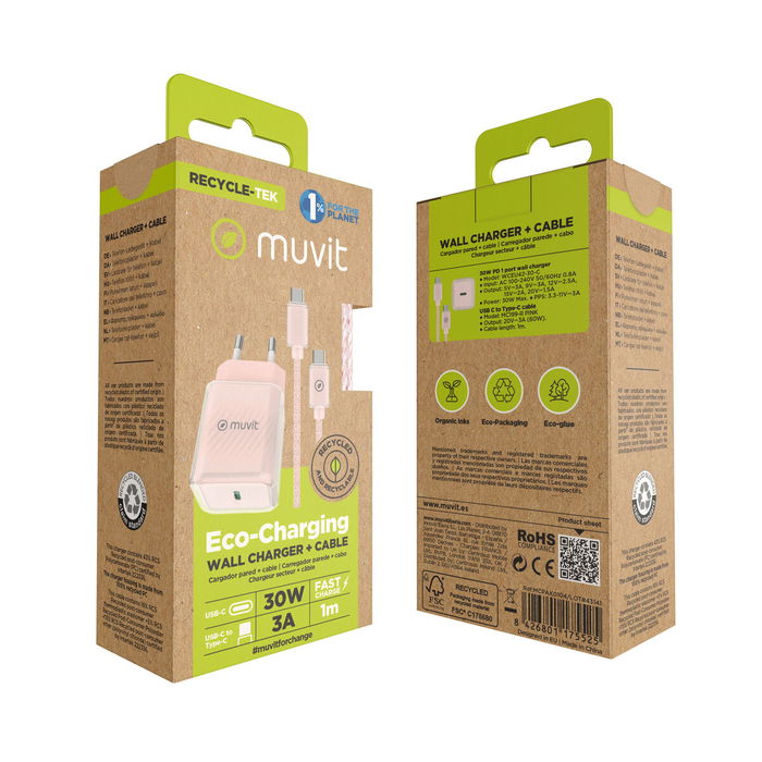 Chargeur Mural + Câble USB-C Muvit for Change Glass GaN Rose
