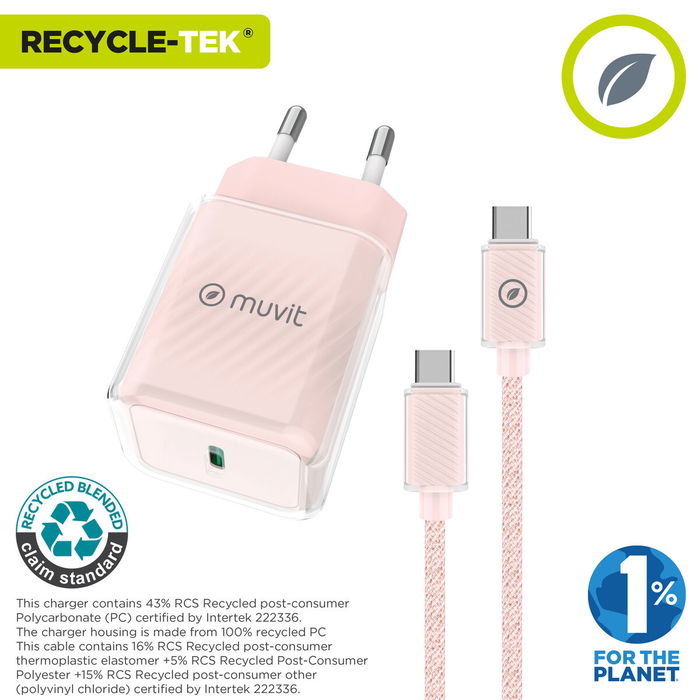 Chargeur Mural + Câble USB-C Muvit for Change Glass GaN Rose