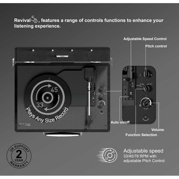 Mixx Audio Revival 55 - Platine vinyle Bluetooth avec enceintes intégrées, Noir
