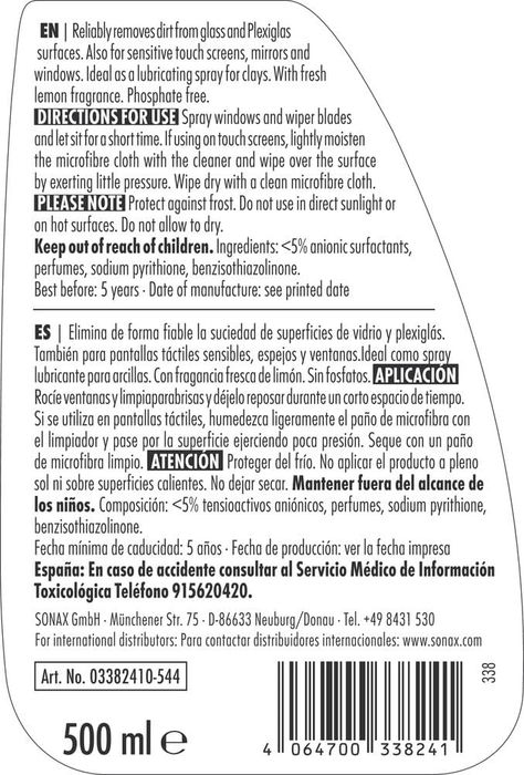 Sonax Nettoyant De Vitres SX03382410, Spray Glissant Citron, Pour Verre, Plexiglas, Écrans Tactiles, Miroirs, Fenêtres