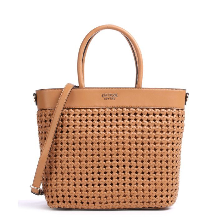 Guess Sac à main pour femme Sicilia en cuir synthétique et textile, compartiment doublé, cognac, 30 x 30 x 12 cm, ref HWWG8490230 Guess Sac à main pour femme Sicilia en cuir synthétique et textile, compartiment doublé, cognac, 30 x 30 x 12 cm, ref HWWG8490230