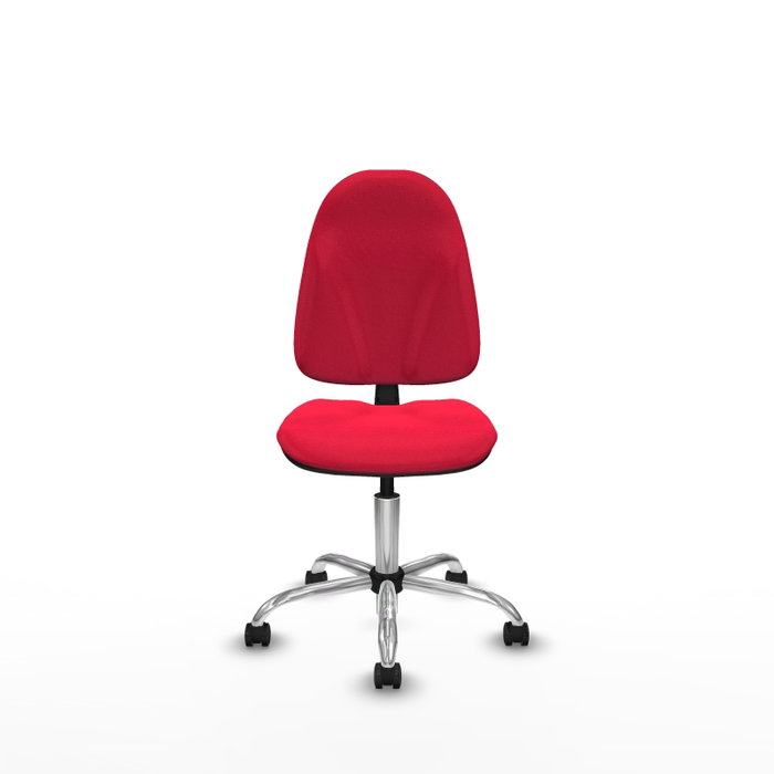 Chaise de bureau Algarra avec mécanisme Contact permanent de base, rembourrée de tissu rouge. Équipée d'une base chromée, sans accoudoirs et avec roulettes autobloquantes