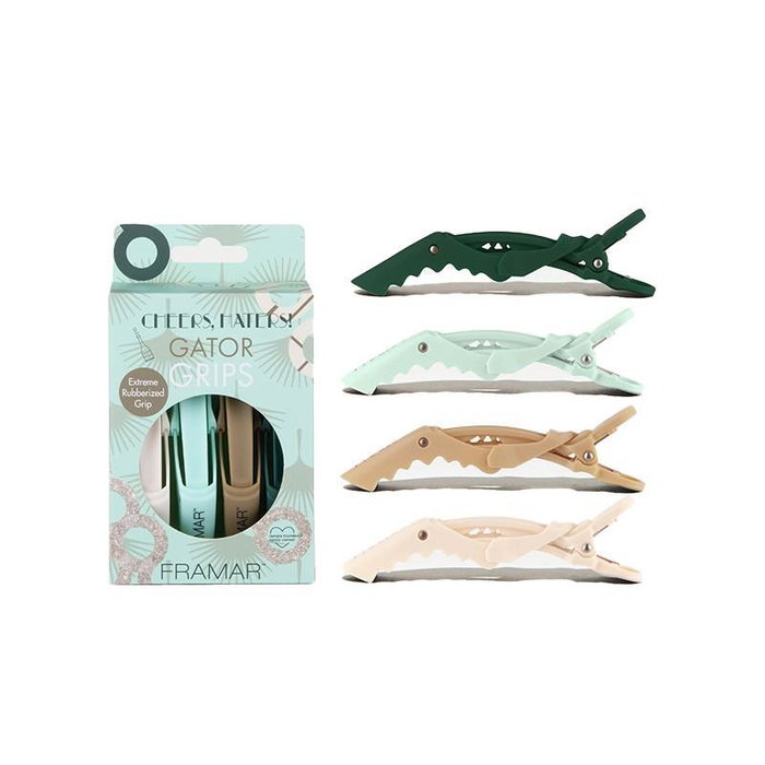 Framar Gator Grips Cheers Hators - Kit de 4 pinces à cheveux en caoutchouc à large ouverture, couleurs nude Framar Gator Grips Cheers Hators - Kit de 4 pinces à cheveux en caoutchouc à large ouverture, couleurs nude
