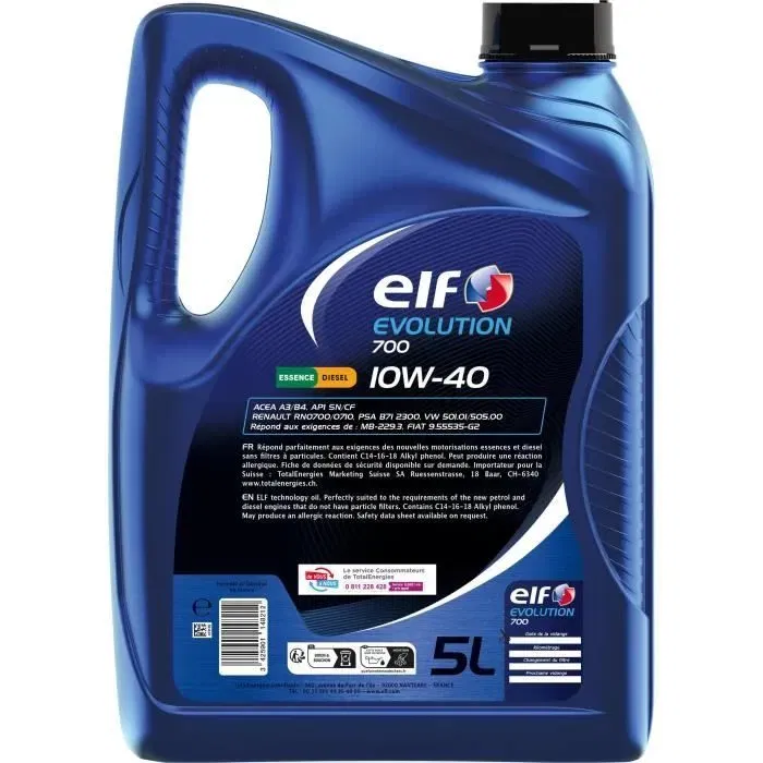 Elf - Huile moteur synthèse Evolution 700 10W-40 - 5 Litres - Pour moteurs essence et Diesel, injection directe - Normes ACEA A3/B4, API SN/CF Elf - Huile moteur synthèse Evolution 700 10W-40 - 5 Litres - Pour moteurs essence et Diesel, injection directe - Normes ACEA A3/B4, API SN/CF