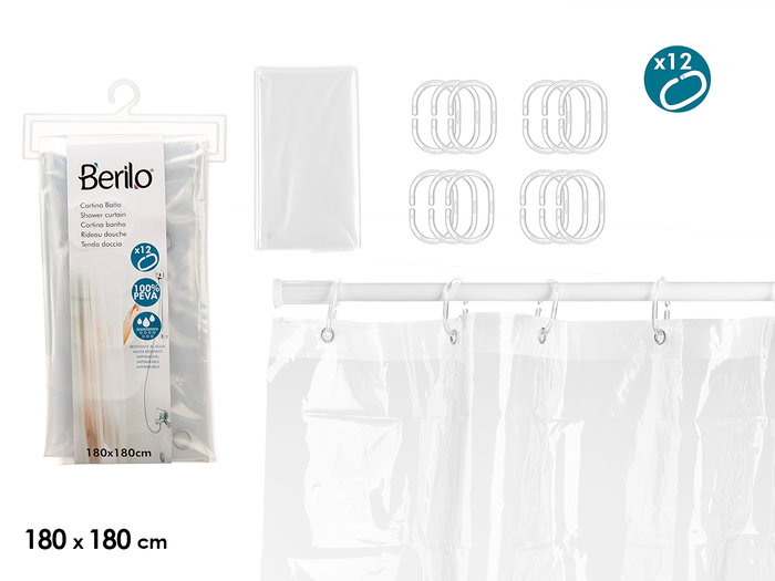 Berilo Rideau de Douche PEVA Transparent 180 x 180 cm (Set de 12) Berilo Rideau de Douche PEVA Transparent 180 x 180 cm (Set de 12)