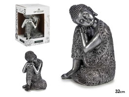 GIFTDECOR Statue de Bouddha assis de profil en résine argentée