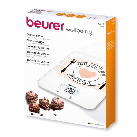 Beurer KS-19 LOVE Pèse-personne et Balance de Cuisine Numérique avec Écran LCD, 5 kg de Capacité, Fonction Tara, Design en Verre Plat et Éteint Automatiquement