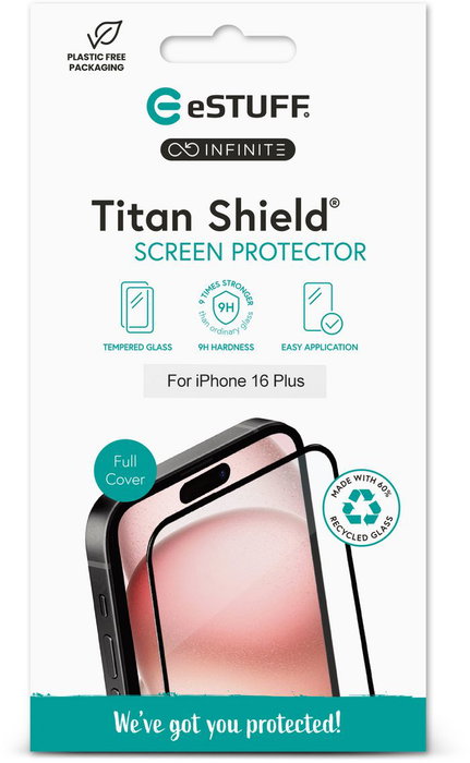 eSTUFF Titan Shield Protecteur d'écran en verre trempé 9H recyclé INFINITE pour iPhone 16 Plus / 15 Plus - Compatible avec coques - Kit de nettoyage inclus