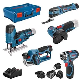 Bosch Professional - Kit Combo 12V, 5 outils sans fil : perceuse-visseuse, découpeur-ponceur, rabot, meuleuse, scie sauteuse avec 3 batteries et chargeur rapide dans coffret XL-Boxx