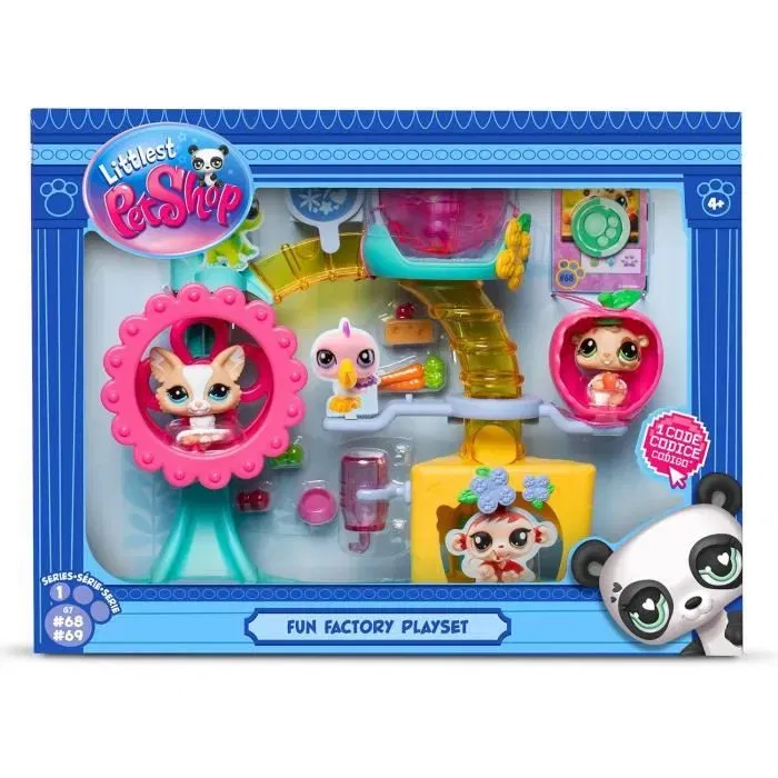 Bandai - Littlest Pet Shop - Coffret Fun Factory BF00519 - Ensemble de jeu avec 2 animaux, décor et accessoires - Génération 7 - 4 ans et plus