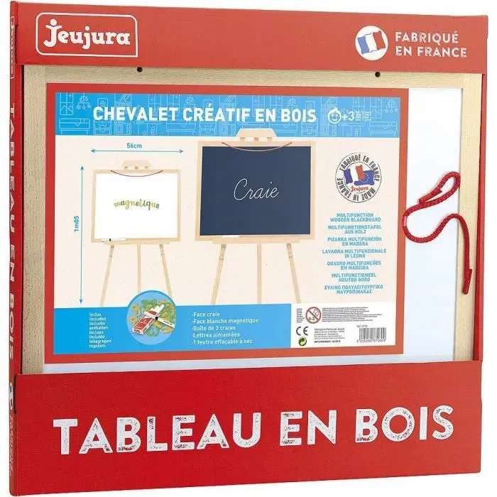 Jeujura Chevalet Créatif en Bois pour Enfants avec Ardoise Réversible Aimantée et Accessoires Inclus (Lettres, Craies, Feutre)