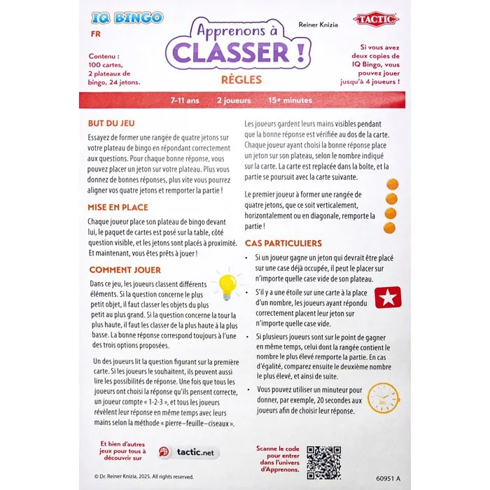 Tactic Apprenons à Classer - Jeu de Société IQ Bingo - 2 Joueurs dès 7 Ans - 100 Défis