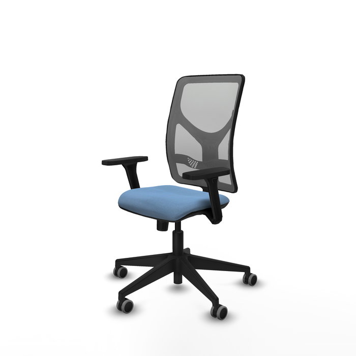 Chaise Motilla Synchro 3 positions tissu Bleu ciel Maille Gris Base pyramidale noire Accoudoir 3D Sans appui-tête Roulettes 65mm pour moquette