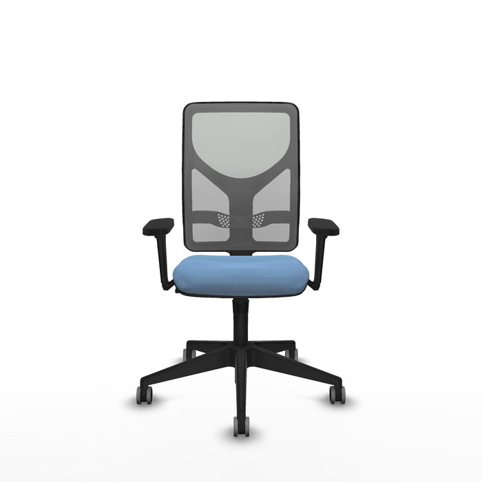 Chaise Motilla Synchro 3 positions tissu Bleu ciel Maille Gris Base pyramidale noire Accoudoir 3D Sans appui-tête Roulettes 65mm pour moquette