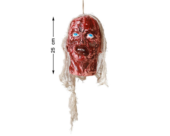 Décor - Tête de monstre zombie suspendue 25 cm avec du sang artificiel et cheveux gris Décor - Tête de monstre zombie suspendue 25 cm avec du sang artificiel et cheveux gris