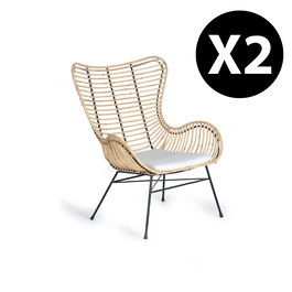 GINER Y COLOMER Lot de 2 chaises en rotin et métal avec coussins - Assise 50x50 cm, dossier 56 cm - Couleur Naturelle