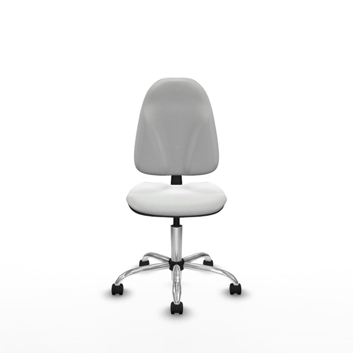 Chaise de bureau Algarra avec mécanisme Contact permanent de base, revêtement en tissu blanc. Équipée d'une base chromée, sans accoudoirs et de roulettes en nylon de 50 mm