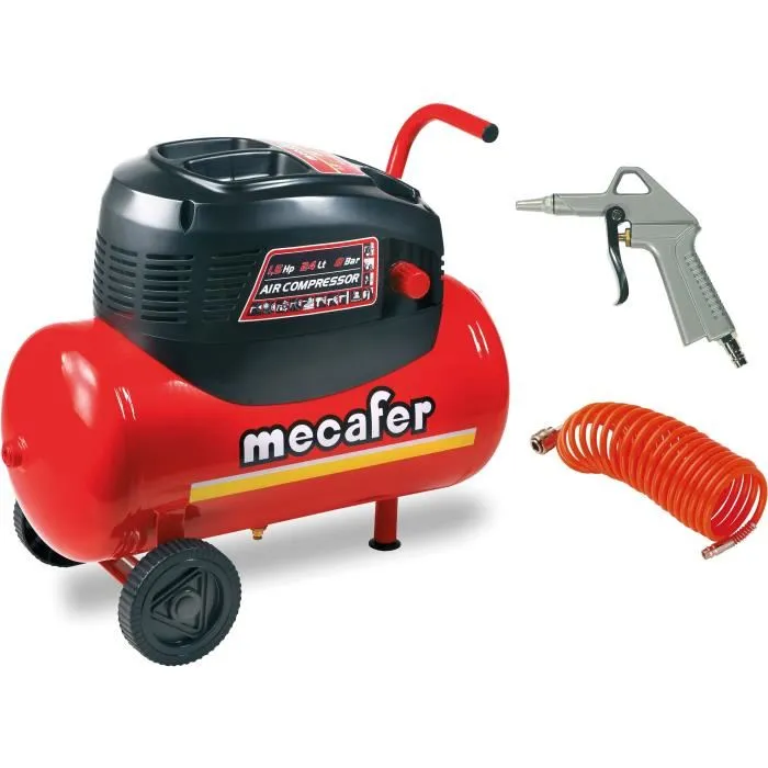 Mecafer Compresseur d'air sans huile 24L 1.5HP, débit 180 L/min, 8 bar, avec tuyau et soufflette, pour usage régulier Mecafer Compresseur d'air sans huile 24L 1.5HP, débit 180 L/min, 8 bar, avec tuyau et soufflette, pour usage régulier