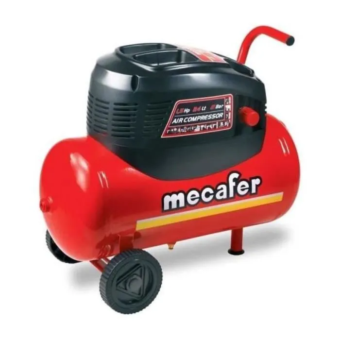 Mecafer Compresseur d'air sans huile 24L 1.5HP, débit 180 L/min, 8 bar, avec tuyau et soufflette, pour usage régulier Mecafer Compresseur d'air sans huile 24L 1.5HP, débit 180 L/min, 8 bar, avec tuyau et soufflette, pour usage régulier