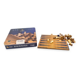 DEQUBE Set 3-en-1 Échecs, Dames et Backgammon en bois avec boîte métallique