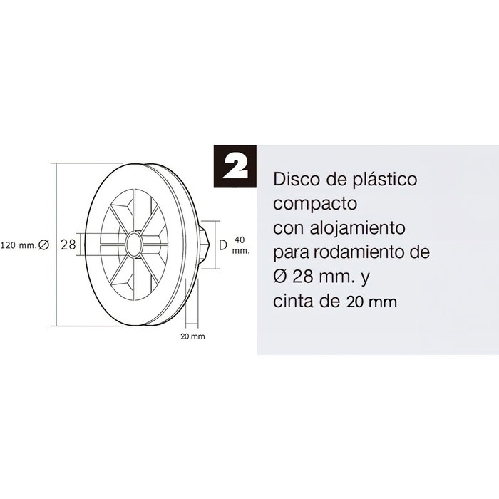 WOLFPACK LINEA PROFESIONAL Disco Persiana Plastico Compacto Para Rodamieto 120x40 mm, cinta 20 mm