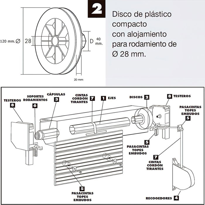 WOLFPACK LINEA PROFESIONAL Disco Persiana Plastico Compacto Para Rodamieto 120x40 mm, cinta 20 mm