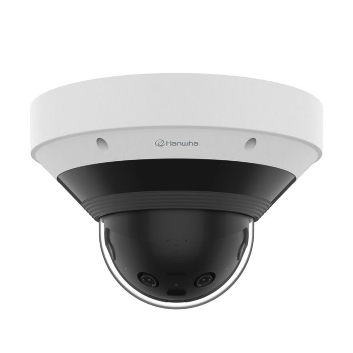 Hanwha - Caméra dôme extérieure panoramique antivandalisme 8MP AI IR P série, 4 capteurs x 2MP, objectif fixe 2.8mm, PoE+, IP66 IK10
