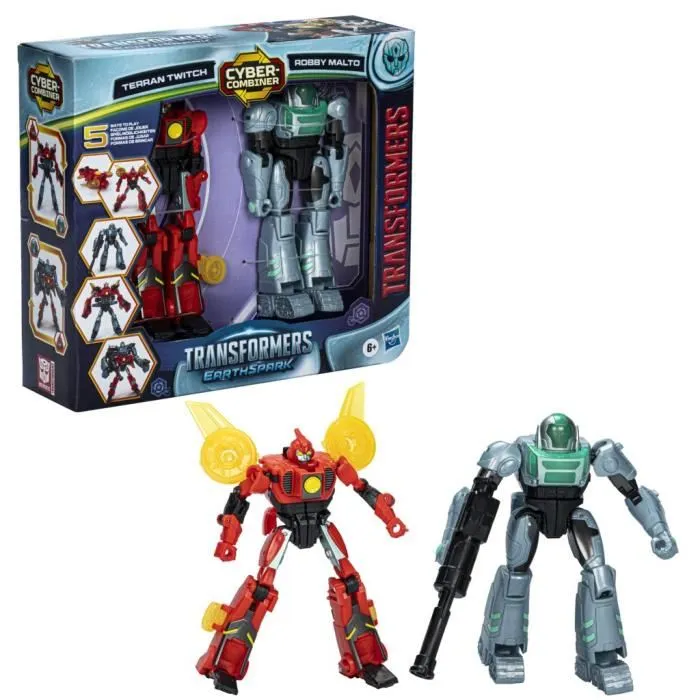 Hasbro Transformers EarthSpark Cyber-Combiner Figurine d'action Terran Twitch et Robby Malto, Jouet Interactif pour Enfants, 6+ ans