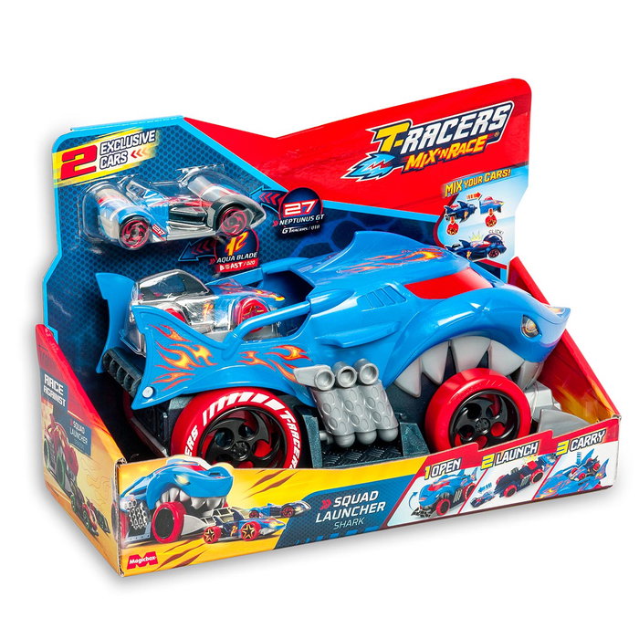 T-Racers Pistolet Lanceur Shark Squad Magic Box avec 2 Voitures de Course - Camion Forme de Requin pour Lancement Rapide - Compatible Système Mix N' Race T-Racers Pistolet Lanceur Shark Squad Magic Box avec 2 Voitures de Course - Camion Forme de Requin pour Lancement Rapide - Compatible Système Mix N' Race