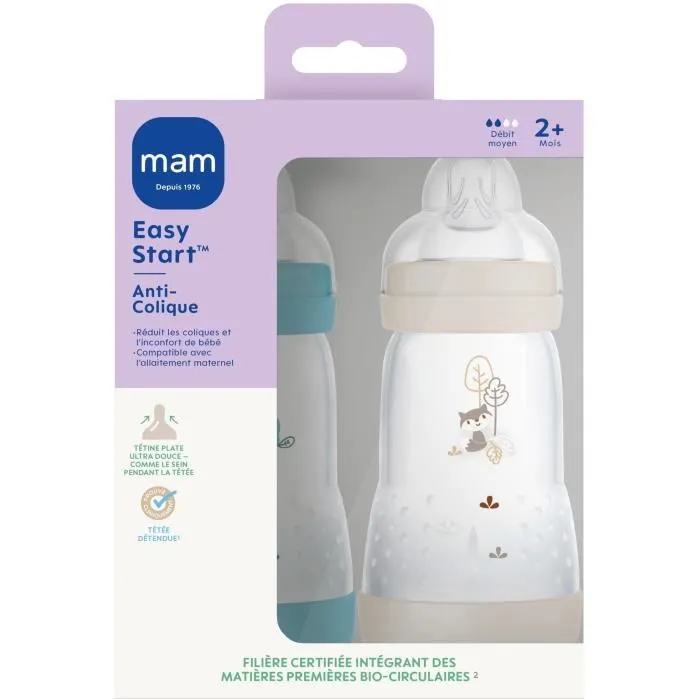 MAM Biberon Easy Start Anti-Colique Lot de 2 - 260 ml Tétine Débit 2 - Océan et Sable
