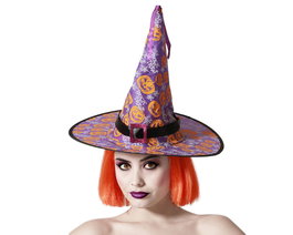 Chapeau de sorcière violet avec citrouilles oranges et boucle à paillettes