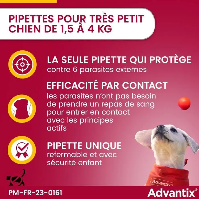 Advantix Solution Antiparasitaire pour Chien Très Petite Race 1.5 à 4 kg - Protection Large Spectre contre Tiques, Puces et Moustiques - 6 Pipettes