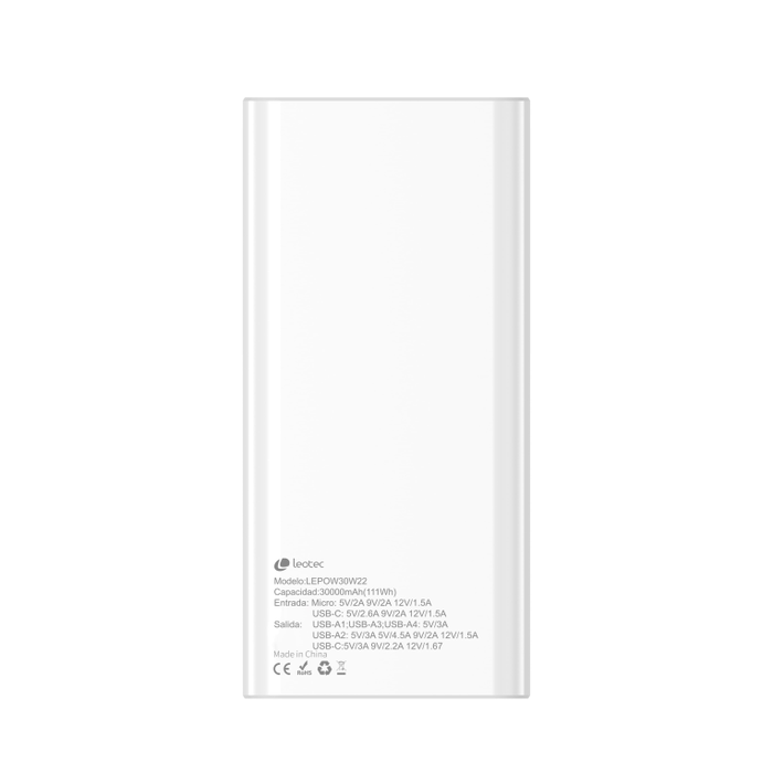 Leotec Powerbank 30000mAh 22,5W PD QC 3.0 Blanc avec 5 Ports USB et Ecran LCD Leotec Powerbank 30000mAh 22,5W PD QC 3.0 Blanc avec 5 Ports USB et Ecran LCD