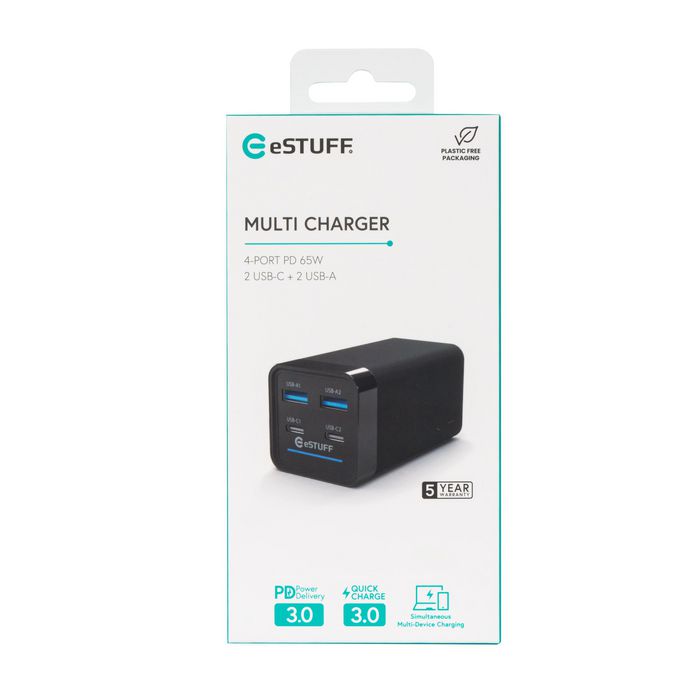 eSTUFF Chargeur GaN 65W PD Compact - 4 Ports (2 USB-C + 2 USB-A) - PD 3.0/2.0, QC 3.0, PPS, Apple 2.4A